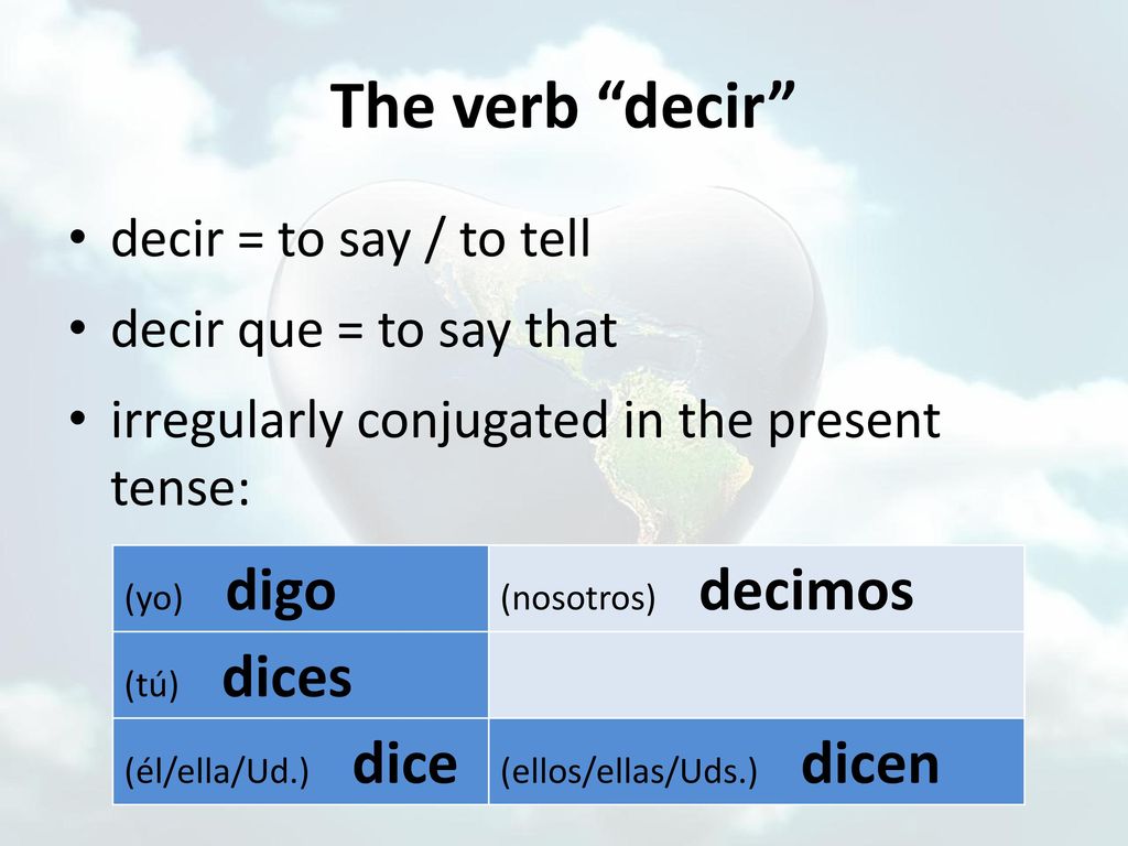 The verb decir decir = to say / to tell decir que = to say that