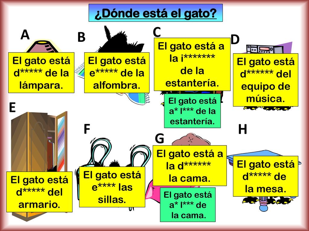 C A B D E F H G ¿Dónde está el gato El gato está a la i******* de la