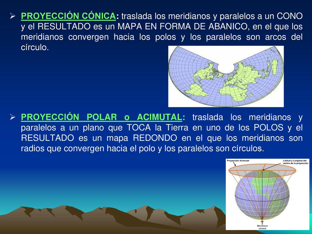 PROYECCIÓN CÓNICA: traslada los meridianos y paralelos a un CONO y el RESULTADO es un MAPA EN FORMA DE ABANICO, en el que los meridianos convergen hacia los polos y los paralelos son arcos del círculo.