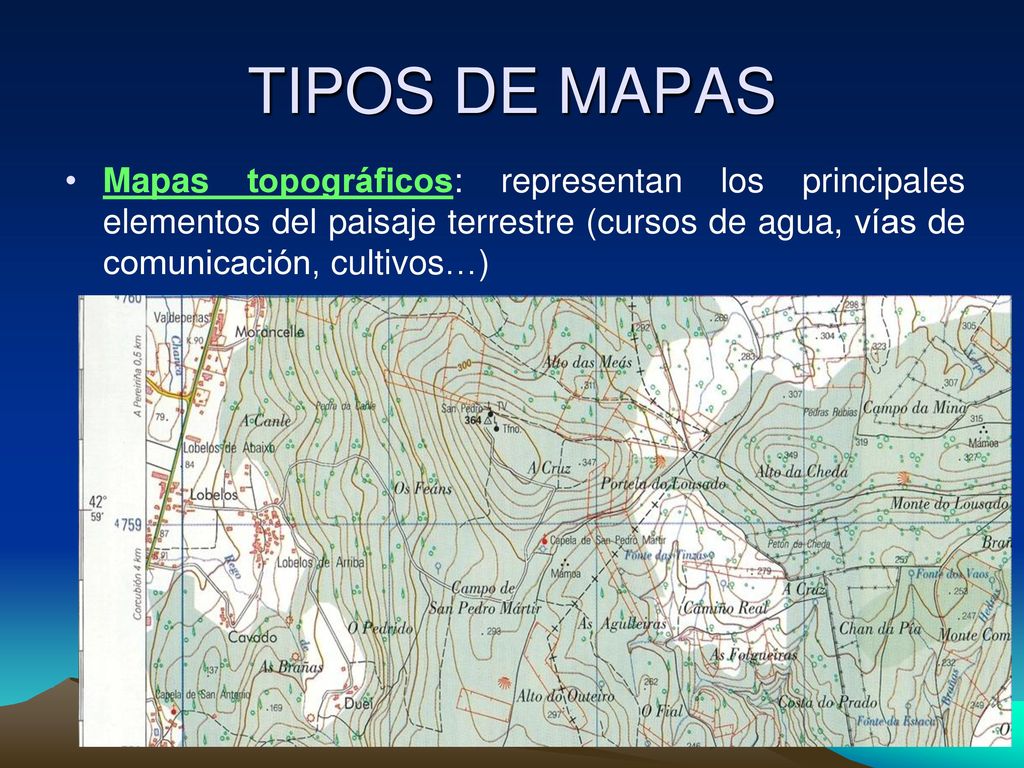 TIPOS DE MAPAS Mapas topográficos: representan los principales elementos del paisaje terrestre (cursos de agua, vías de comunicación, cultivos…)