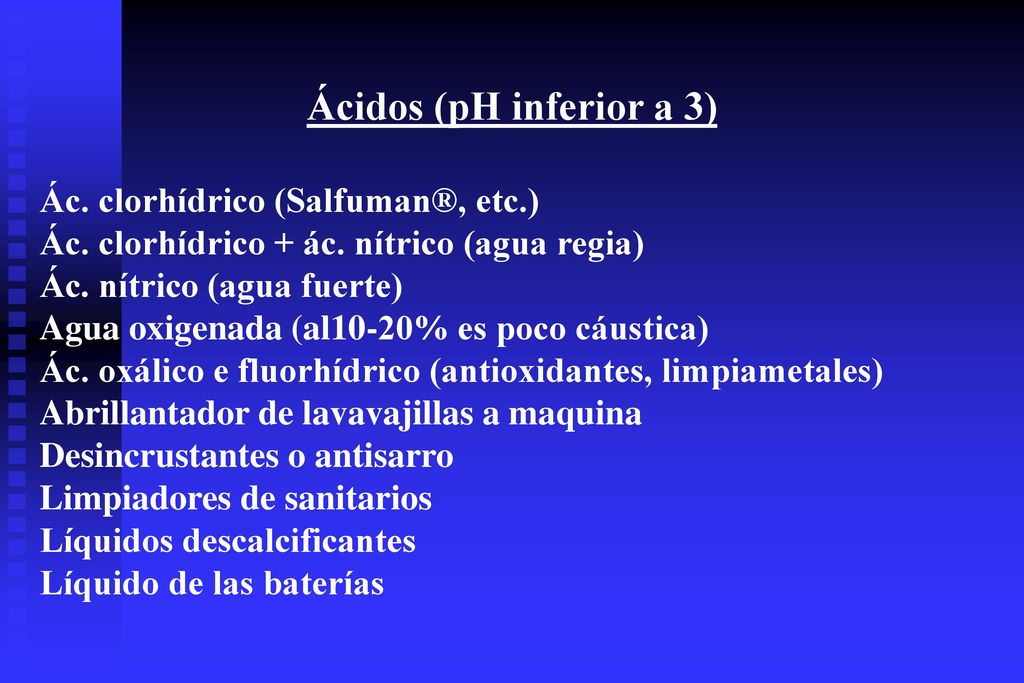 Ácidos (pH inferior a 3) Ác. clorhídrico (Salfuman®, etc.)