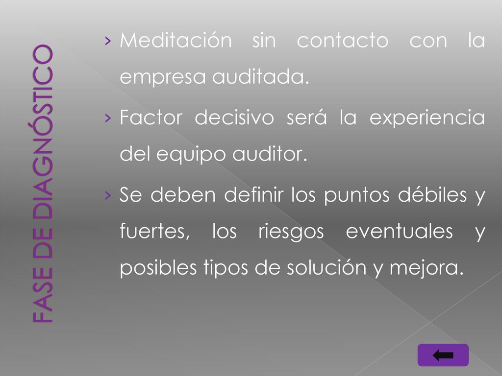 Fase de diagnóstico Meditación sin contacto con la empresa auditada.