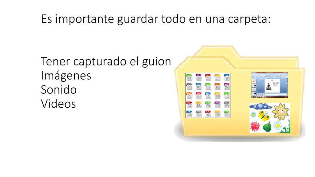Es importante guardar todo en una carpeta: Tener capturado el guion Imágenes Sonido Videos