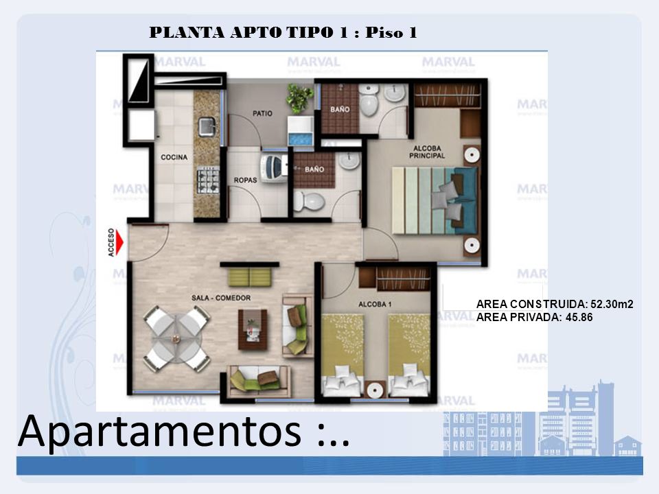 Apartamentos :.. PLANTA APTO TIPO 1 : Piso 1 AREA CONSTRUIDA: 52.30m2