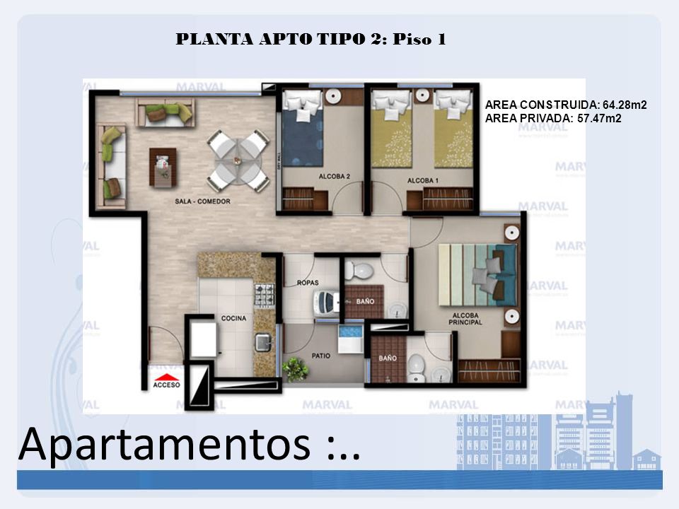 Apartamentos :.. PLANTA APTO TIPO 2: Piso 1 AREA CONSTRUIDA: 64.28m2
