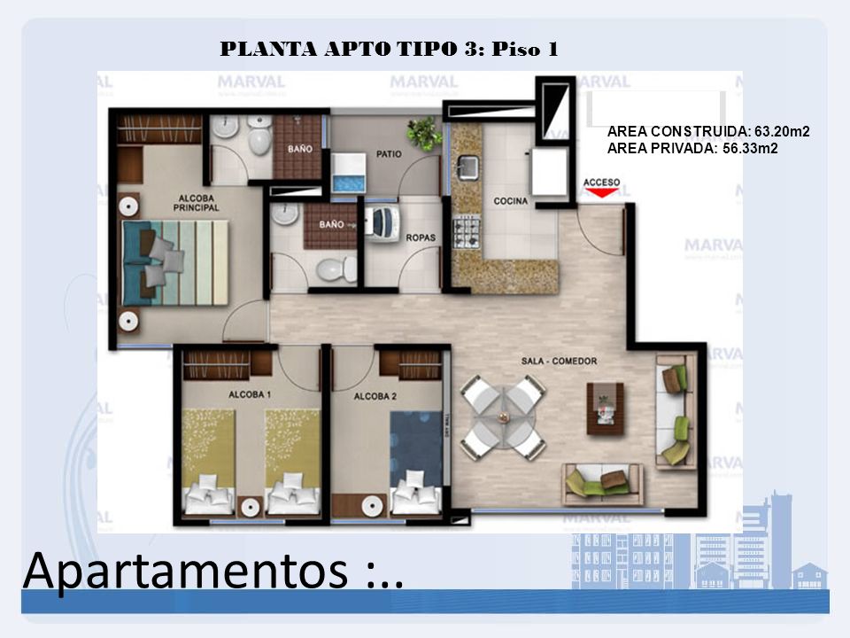 Apartamentos :.. PLANTA APTO TIPO 3: Piso 1 AREA CONSTRUIDA: 63.20m2