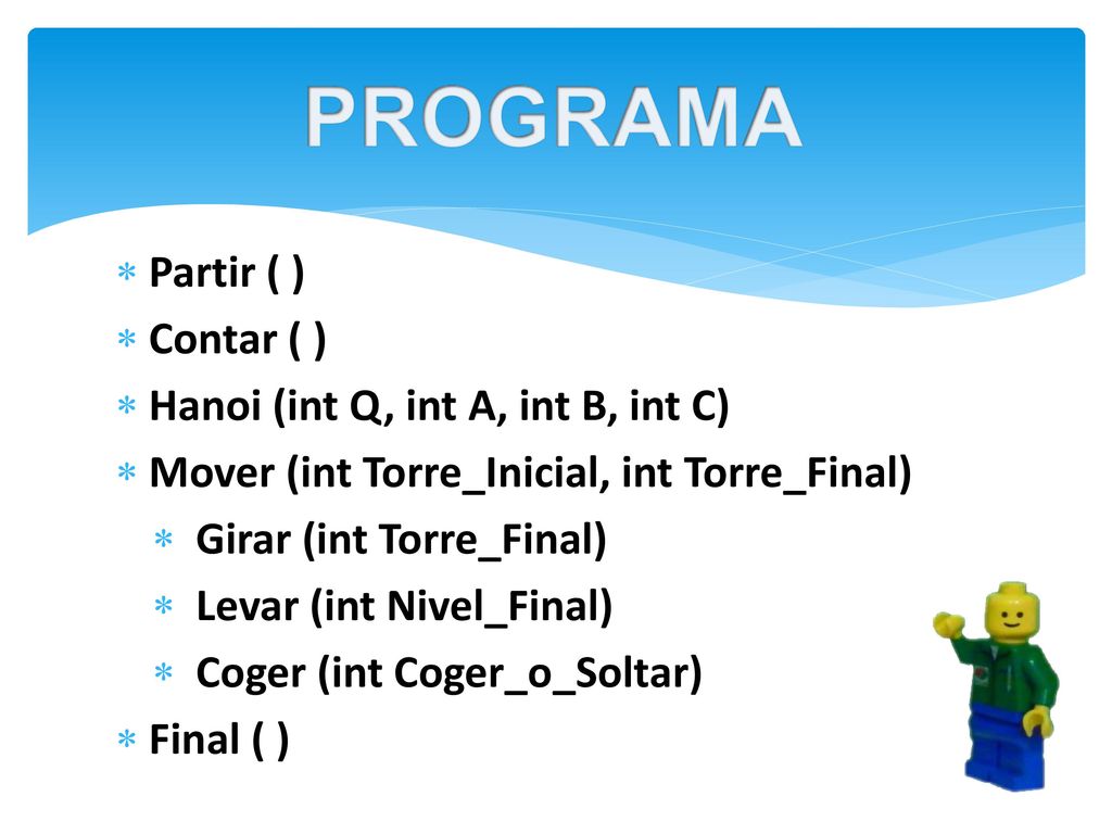 PROGRAMA Partir ( ) Contar ( ) Hanoi (int Q, int A, int B, int C)