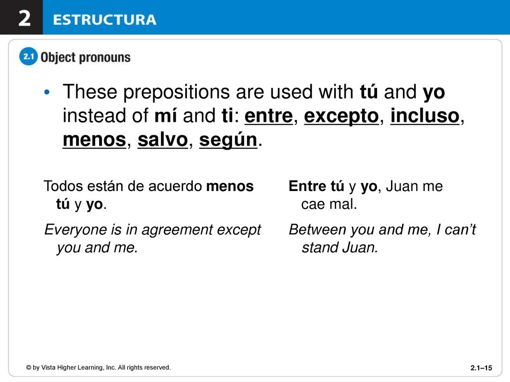 These prepositions are used with tú and yo instead of mí and ti: entre, excepto, incluso, menos, salvo, según.