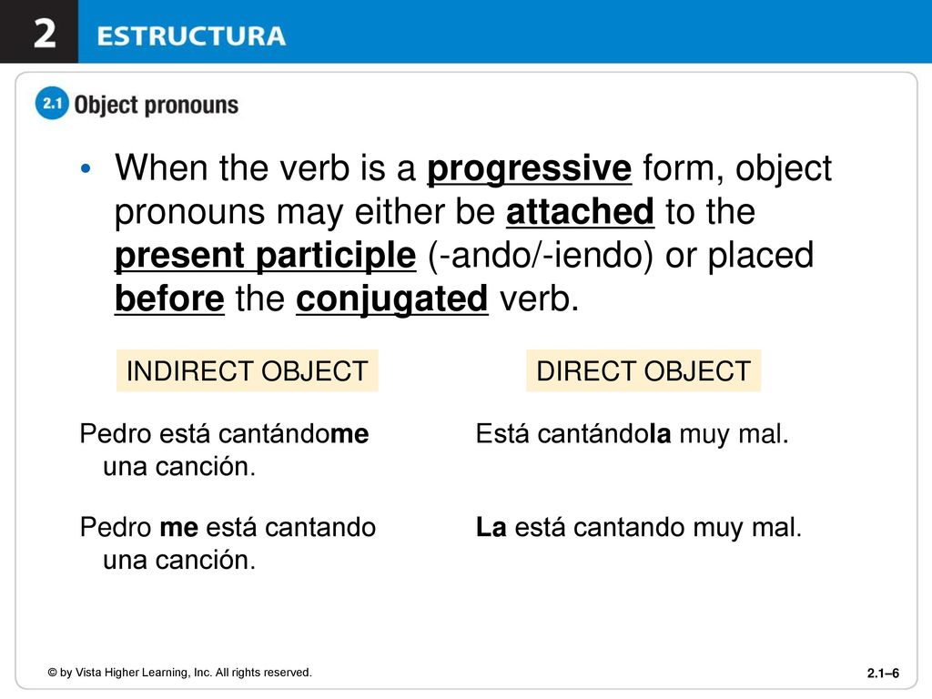 When the verb is a progressive form, object pronouns may either be attached to the present participle (-ando/-iendo) or placed before the conjugated verb.