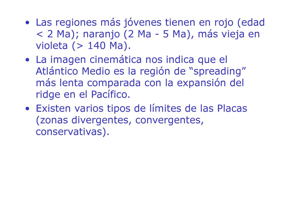Las regiones más jóvenes tienen en rojo (edad < 2 Ma); naranjo (2 Ma - 5 Ma), más vieja en violeta (> 140 Ma).