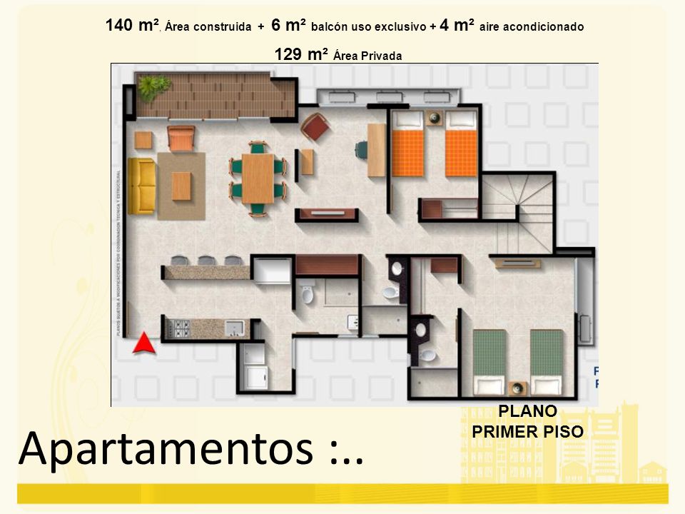 140 m², Área construida + 6 m² balcón uso exclusivo + 4 m² aire acondicionado