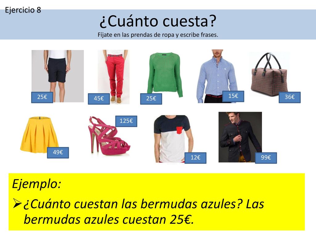 ¿Cuánto cuesta Fíjate en las prendas de ropa y escribe frases.