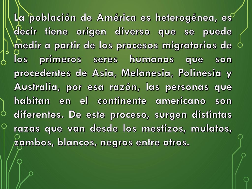 La población de América es heterogénea, es decir tiene origen diverso que se puede medir a partir de los procesos migratorios de los primeros seres humanos que son procedentes de Asia, Melanesia, Polinesia y Australia, por esa razón, las personas que habitan en el continente americano son diferentes.