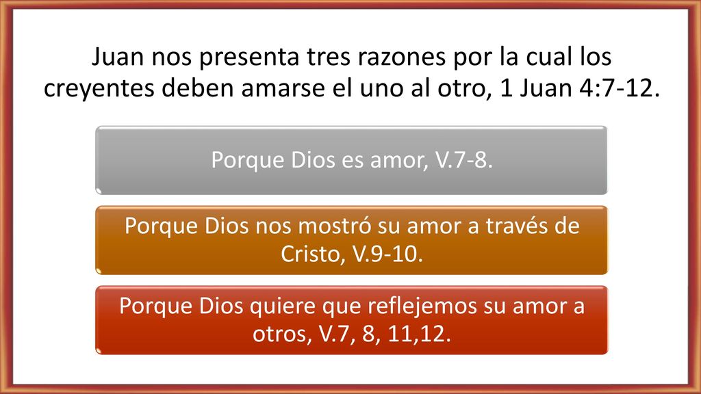 Juan nos presenta tres razones por la cual los creyentes deben amarse el uno al otro, 1 Juan 4:7-12.