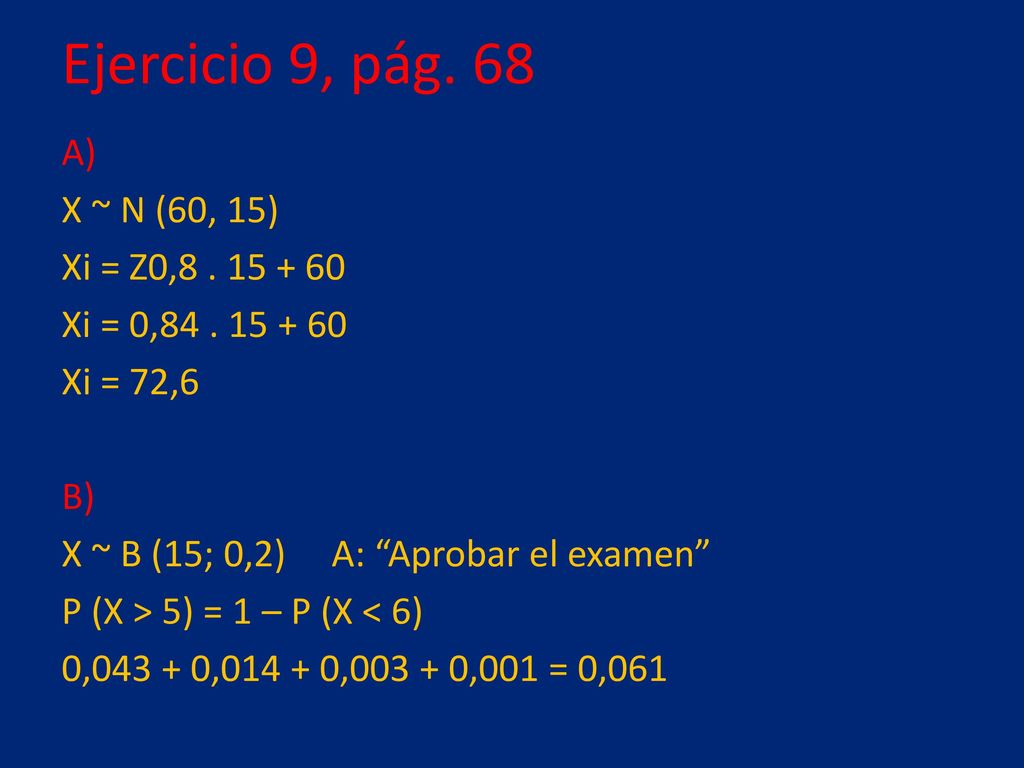 Ejercicio 9, pág. 68 A) X ~ N (60, 15) Xi = Z0,