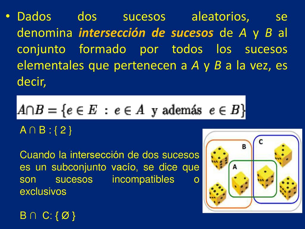 Dados dos sucesos aleatorios, se denomina intersección de sucesos de A y B al conjunto formado por todos los sucesos elementales que pertenecen a A y B a la vez, es decir,