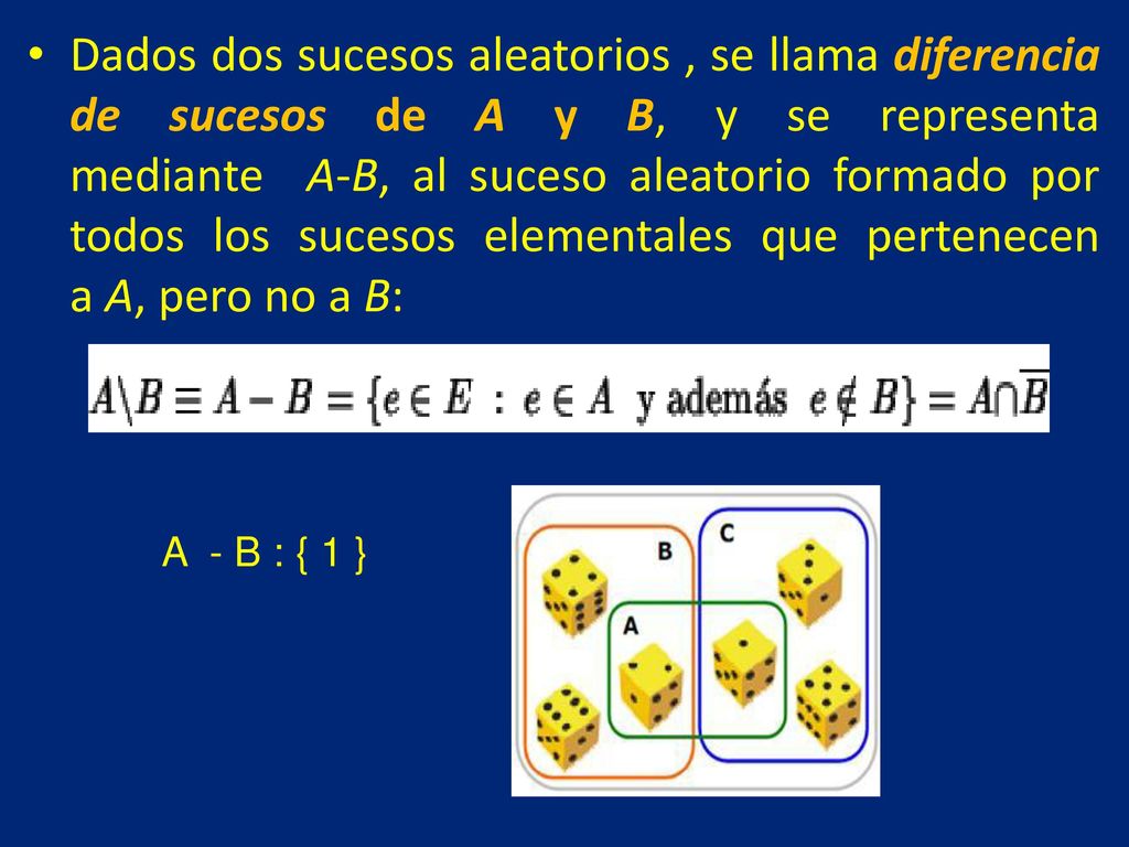 Dados dos sucesos aleatorios , se llama diferencia de sucesos de A y B, y se representa mediante A-B, al suceso aleatorio formado por todos los sucesos elementales que pertenecen a A, pero no a B: