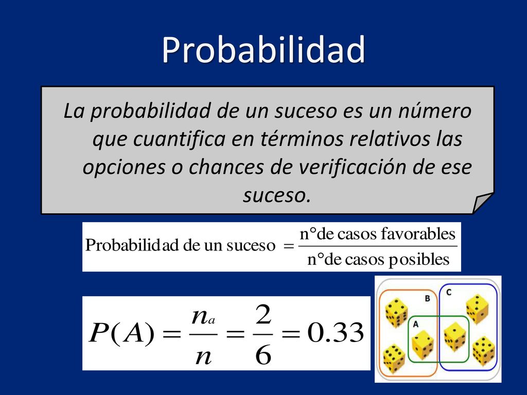 Probabilidad La probabilidad de un suceso es un número que cuantifica en términos relativos las opciones o chances de verificación de ese suceso.