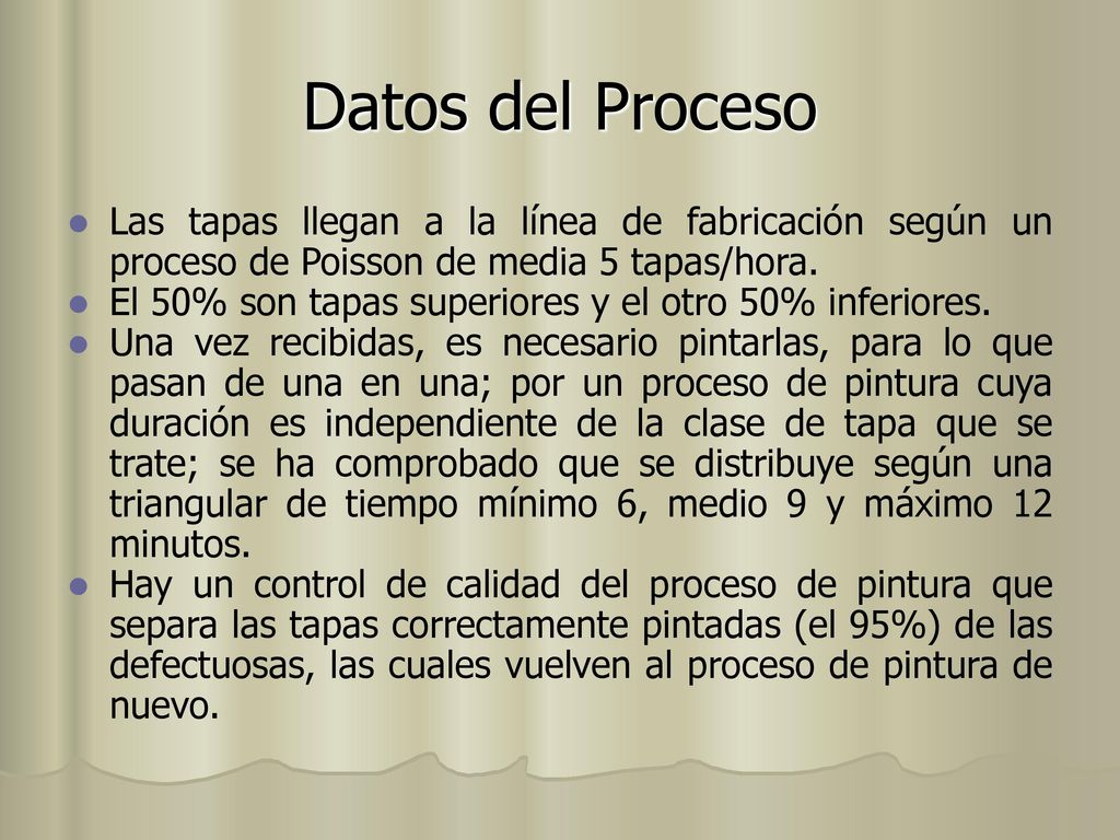 Datos del Proceso Las tapas llegan a la línea de fabricación según un proceso de Poisson de media 5 tapas/hora.