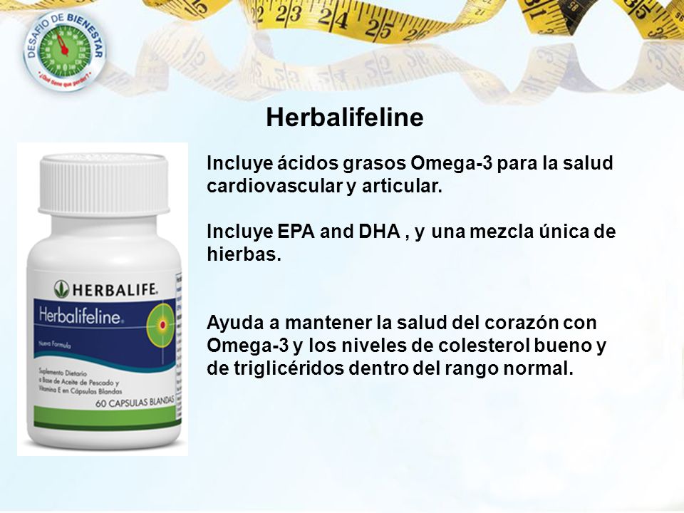 Herbalifeline Incluye ácidos grasos Omega-3 para la salud cardiovascular y articular. Incluye EPA and DHA , y una mezcla única de hierbas.