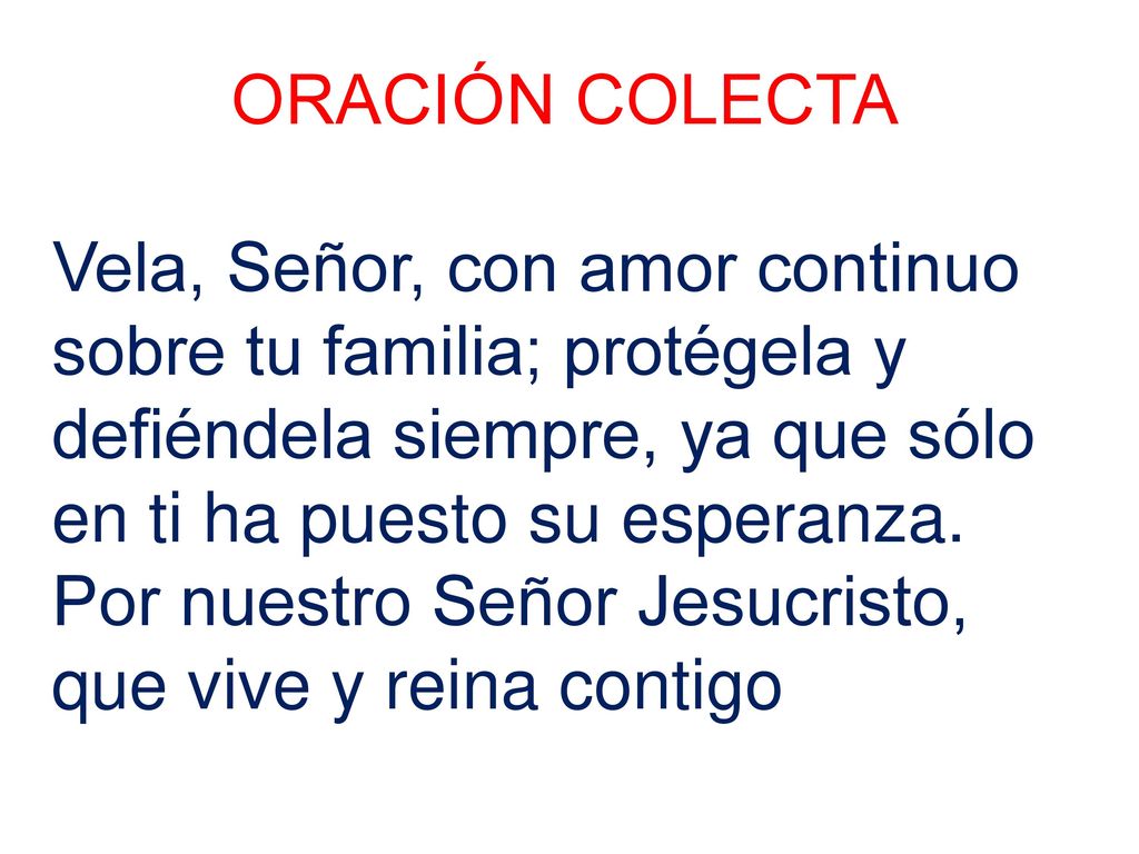 ORACIÓN COLECTA Vela, Señor, con amor continuo sobre tu familia; protégela y defiéndela siempre, ya que sólo en ti ha puesto su esperanza.