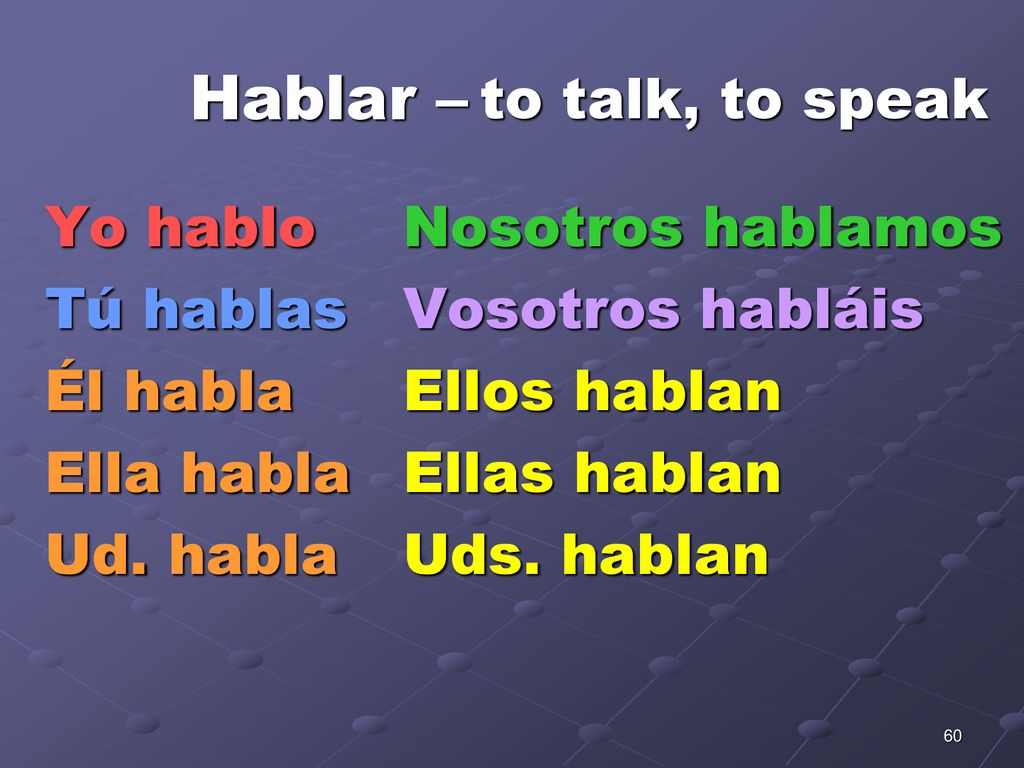 Hablar – to talk, to speak Yo hablo Tú hablas Él habla Ella habla