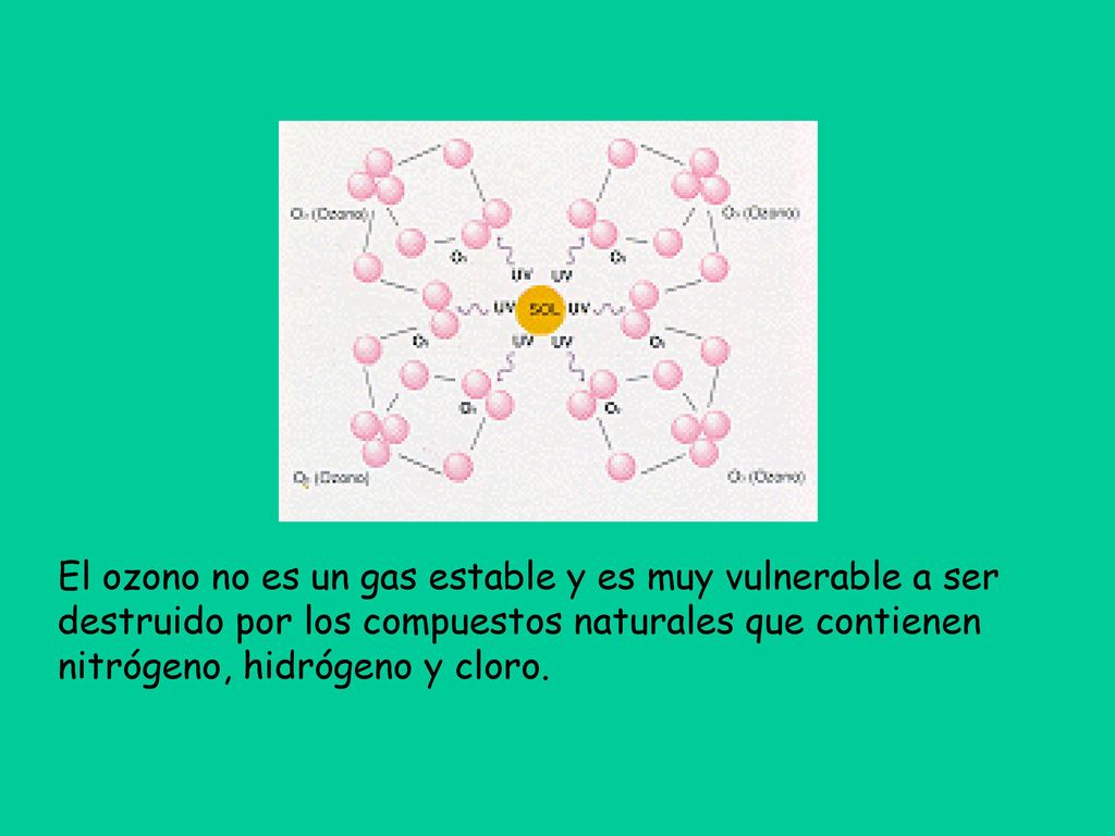 El ozono no es un gas estable y es muy vulnerable a ser destruido por los compuestos naturales que contienen nitrógeno, hidrógeno y cloro.