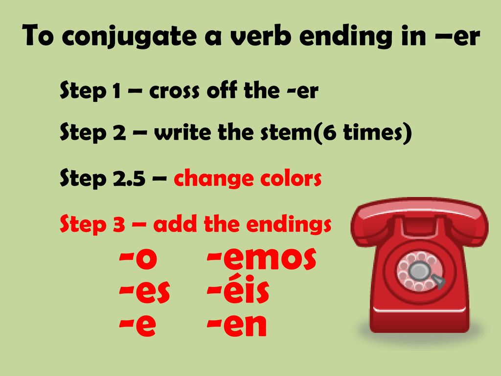 -o -emos -es -éis -e -en To conjugate a verb ending in –er