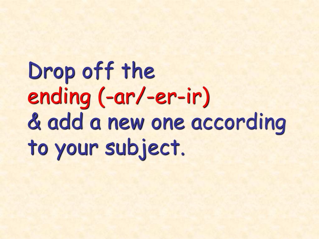 Drop off the ending (-ar/-er-ir) & add a new one according to your subject.