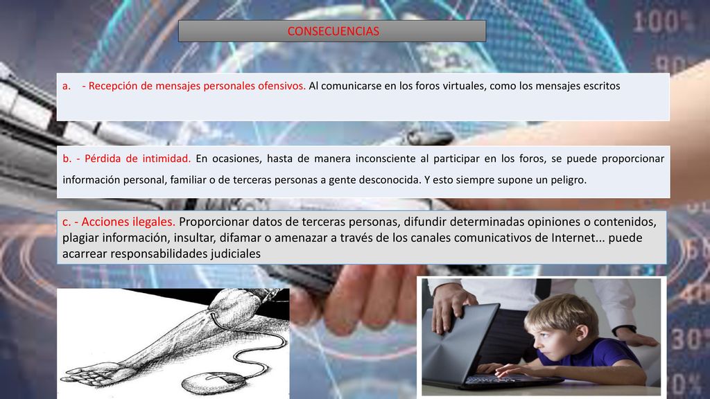 CONSECUENCIAS - Recepción de mensajes personales ofensivos. Al comunicarse en los foros virtuales, como los mensajes escritos.