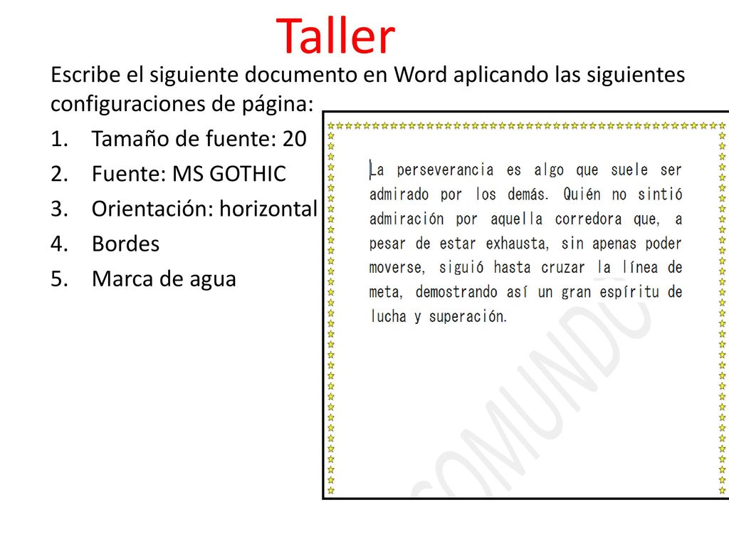 Taller Escribe el siguiente documento en Word aplicando las siguientes configuraciones de página: Tamaño de fuente: 20.