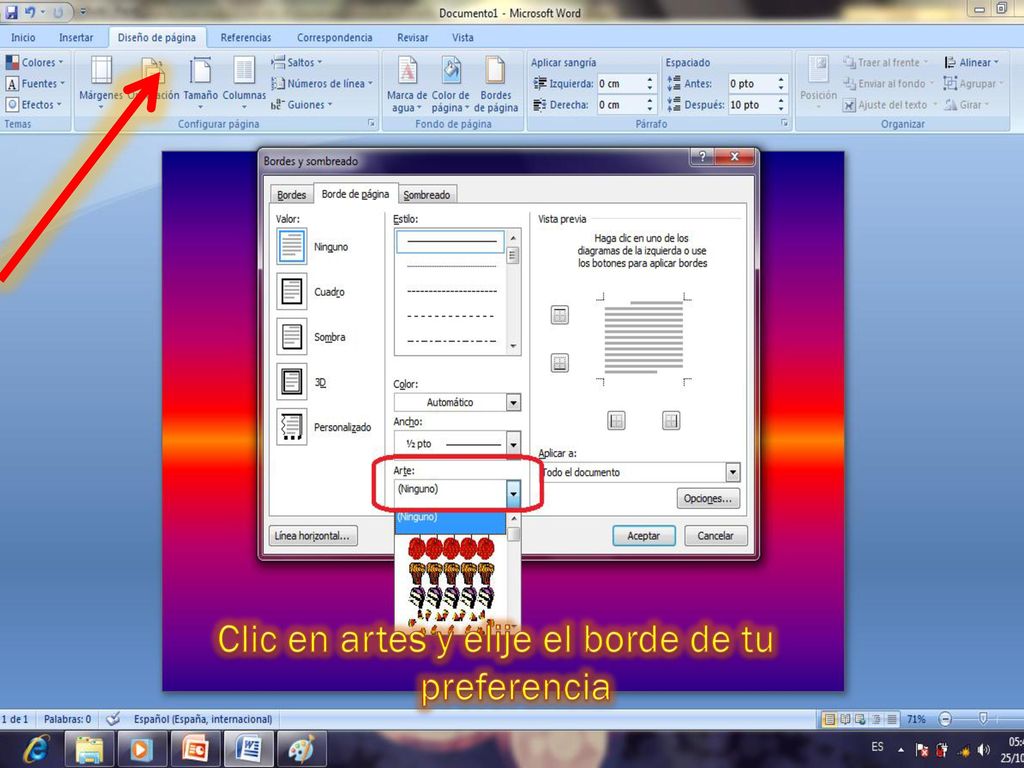 Clic en artes y elije el borde de tu preferencia