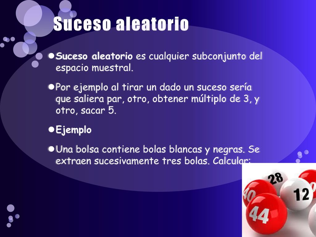 Suceso aleatorio Suceso aleatorio es cualquier subconjunto del espacio muestral.