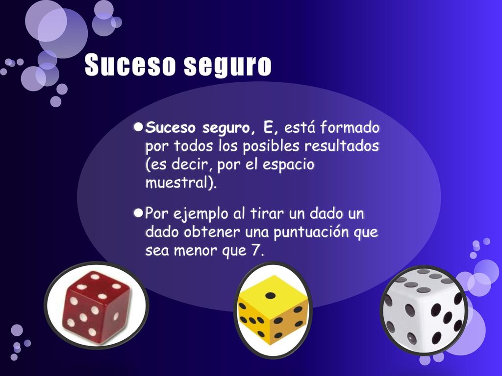 Suceso seguro Suceso seguro, E, está formado por todos los posibles resultados (es decir, por el espacio muestral).