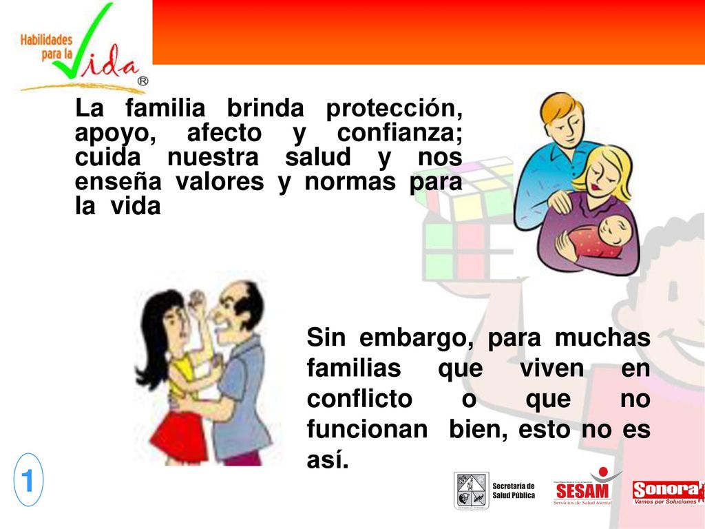 La familia brinda protección, apoyo, afecto y confianza; cuida nuestra salud y nos enseña valores y normas para la vida