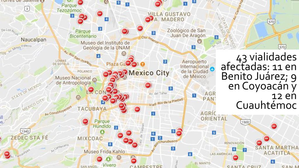 43 vialidades afectadas: 11 en Benito Juárez; 9 en Coyoacán y 12 en Cuauhtémoc