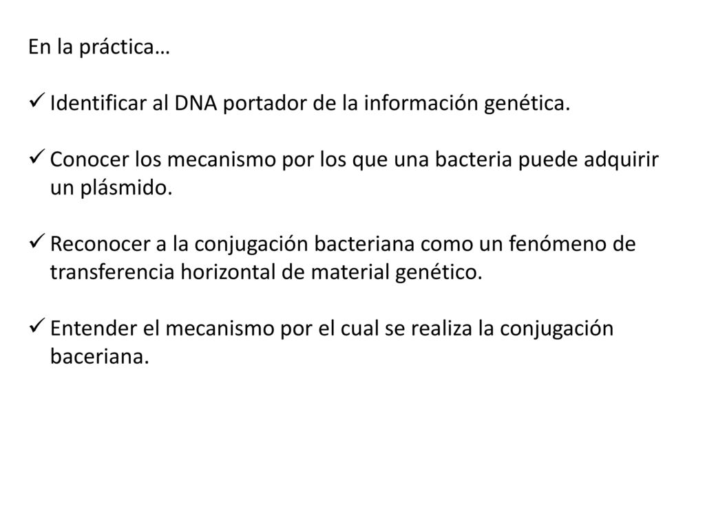 En la práctica… Identificar al DNA portador de la información genética. Conocer los mecanismo por los que una bacteria puede adquirir un plásmido.