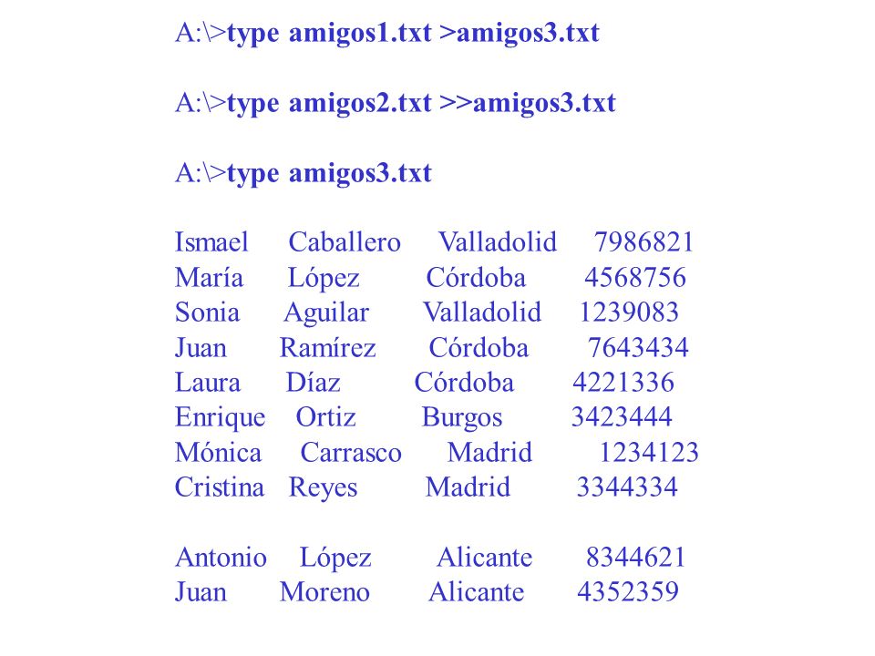 A:\>type amigos1. txt >amigos3. txt A:\>type amigos2
