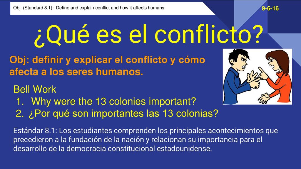 ¿Qué es el conflicto Obj: definir y explicar el conflicto y cómo afecta a los seres humanos. Bell Work.