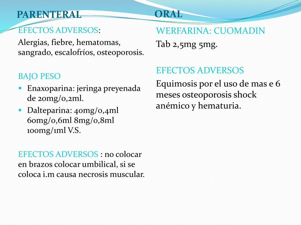 PARENTERAL ORAL. EFECTOS ADVERSOS: Alergias, fiebre, hematomas, sangrado, escalofríos, osteoporosis.