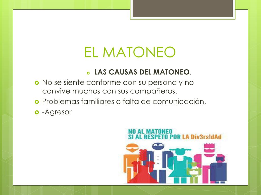 EL MATONEO LAS CAUSAS DEL MATONEO: No se siente conforme con su persona y no convive muchos con sus compañeros.
