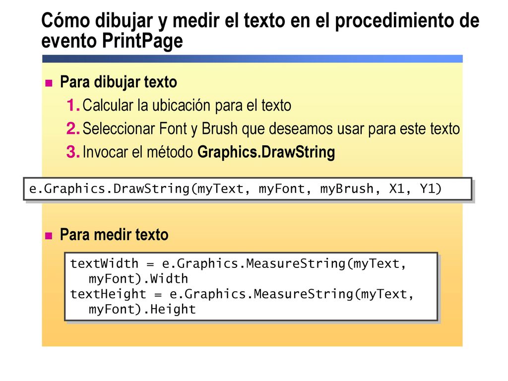 Cómo dibujar y medir el texto en el procedimiento de evento PrintPage