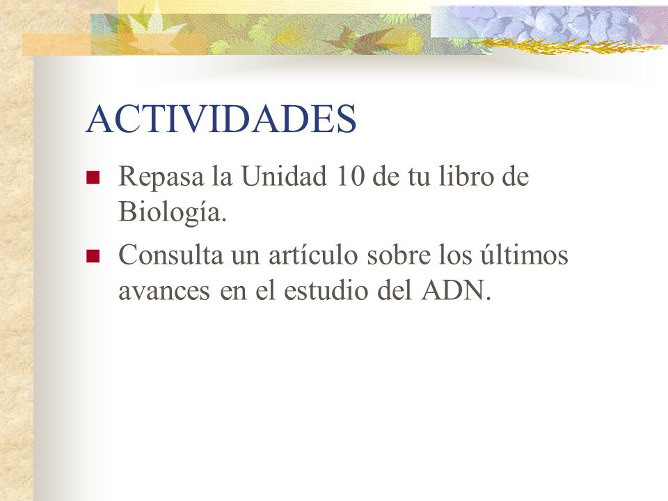 ACTIVIDADES Repasa la Unidad 10 de tu libro de Biología.
