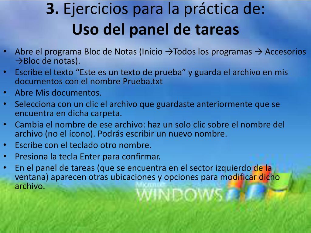 3. Ejercicios para la práctica de: Uso del panel de tareas