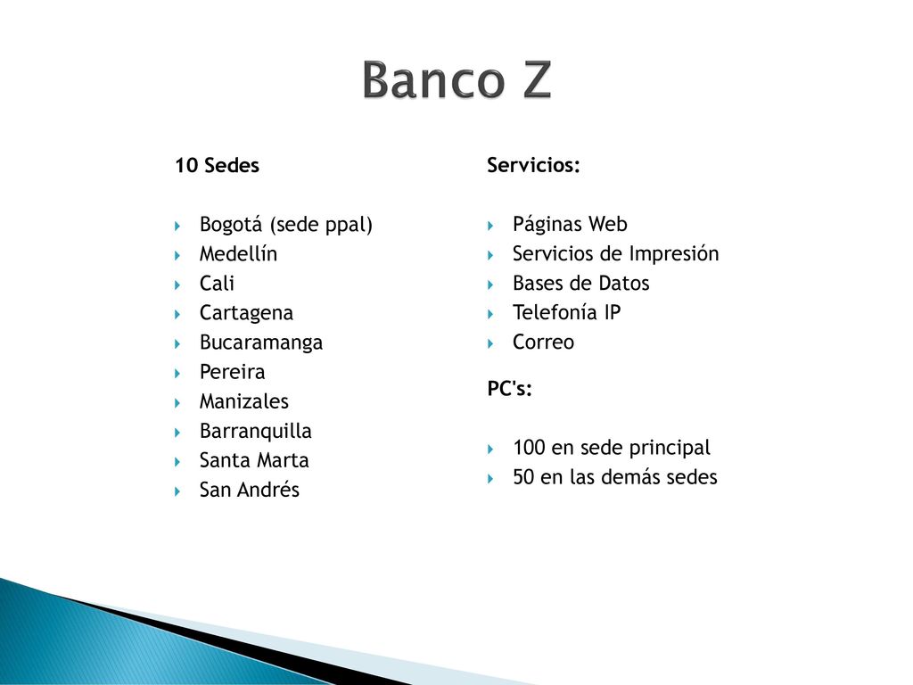 Banco Z 10 Sedes Bogotá (sede ppal) Medellín Cali Cartagena
