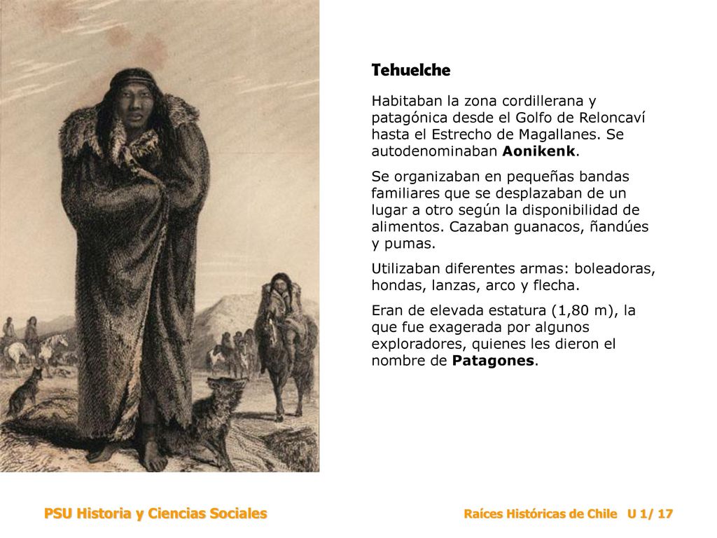 Tehuelche Habitaban la zona cordillerana y patagónica desde el Golfo de Reloncaví hasta el Estrecho de Magallanes. Se autodenominaban Aonikenk.