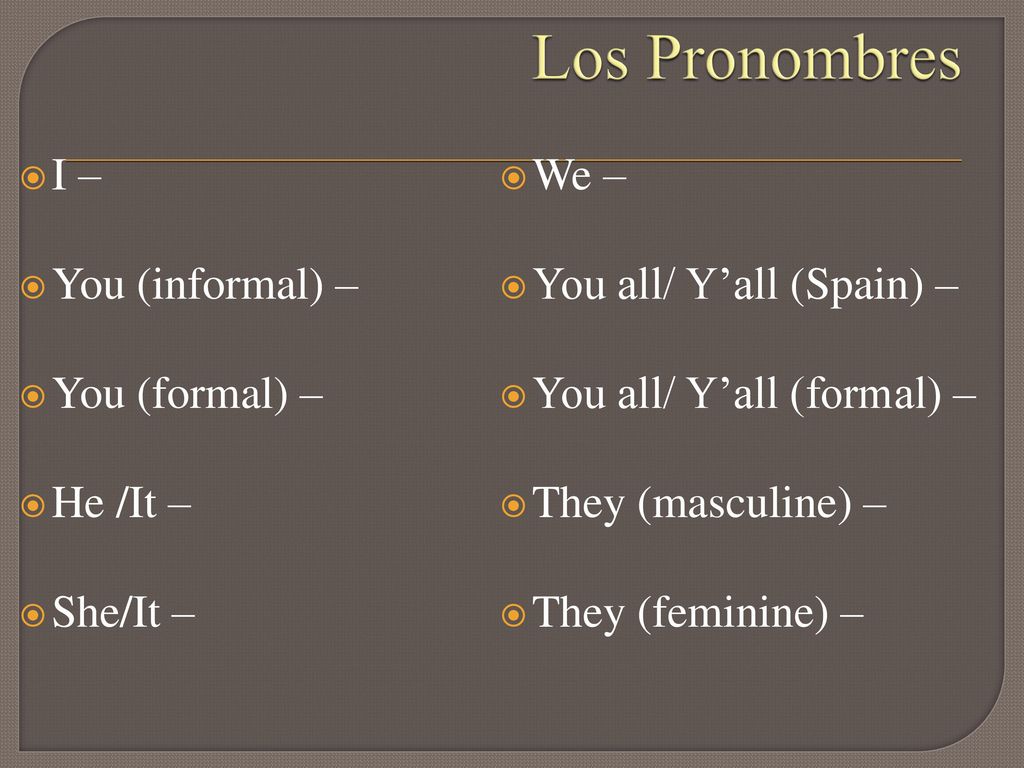 Los Pronombres I – We – You (informal) – You all/ Y’all (Spain) –