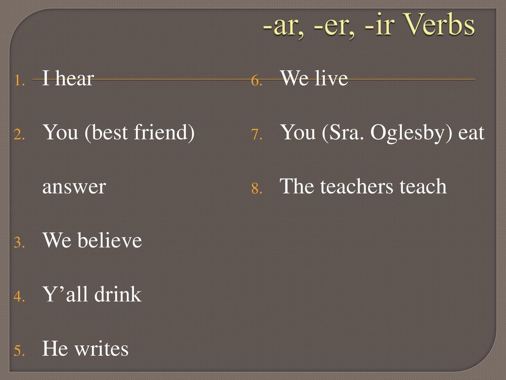 -ar, -er, -ir Verbs I hear We live You (best friend) answer