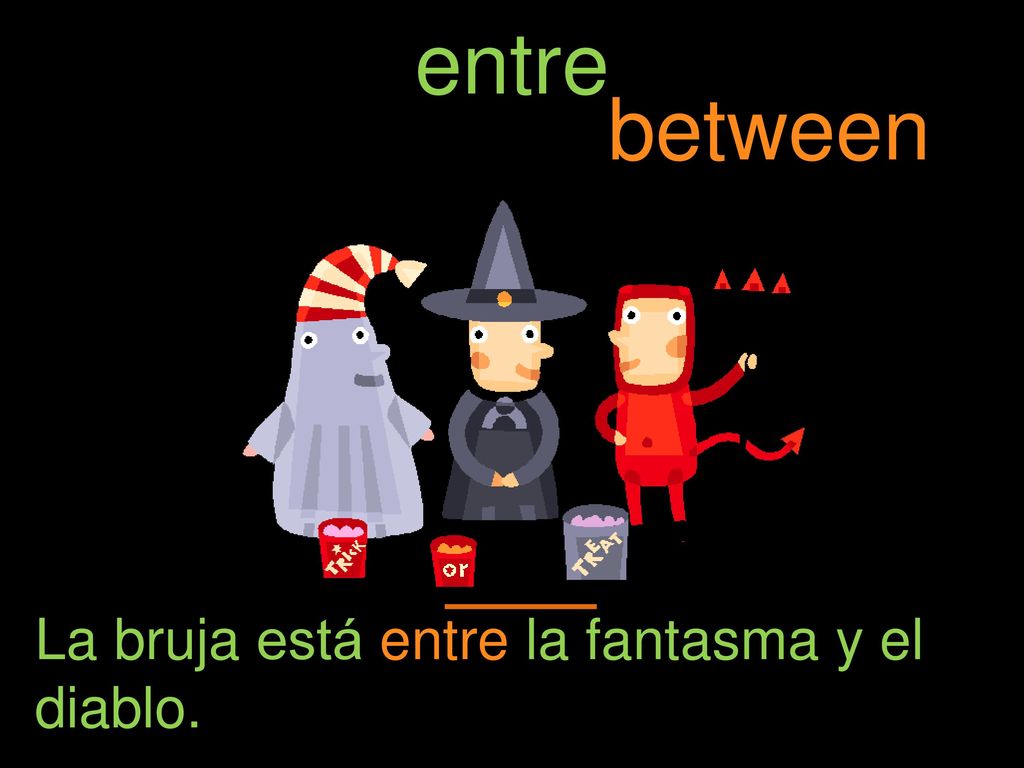 entre between La bruja está entre la fantasma y el diablo.