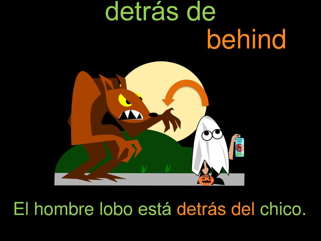 detrás de behind El hombre lobo está detrás del chico.